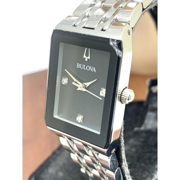 Bulova Women's Watch 96P202 Quartz Black Dial Diamond Quadra Silver Steel CHIP - Picture 1 of 14